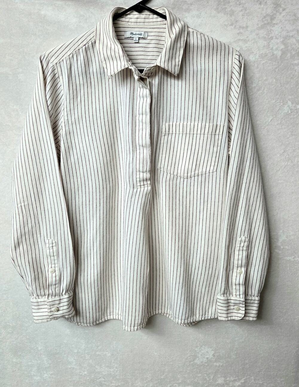 Madewell Shirt Burgundy Cream Striped Button Back Long Sleeve Popover Size L
